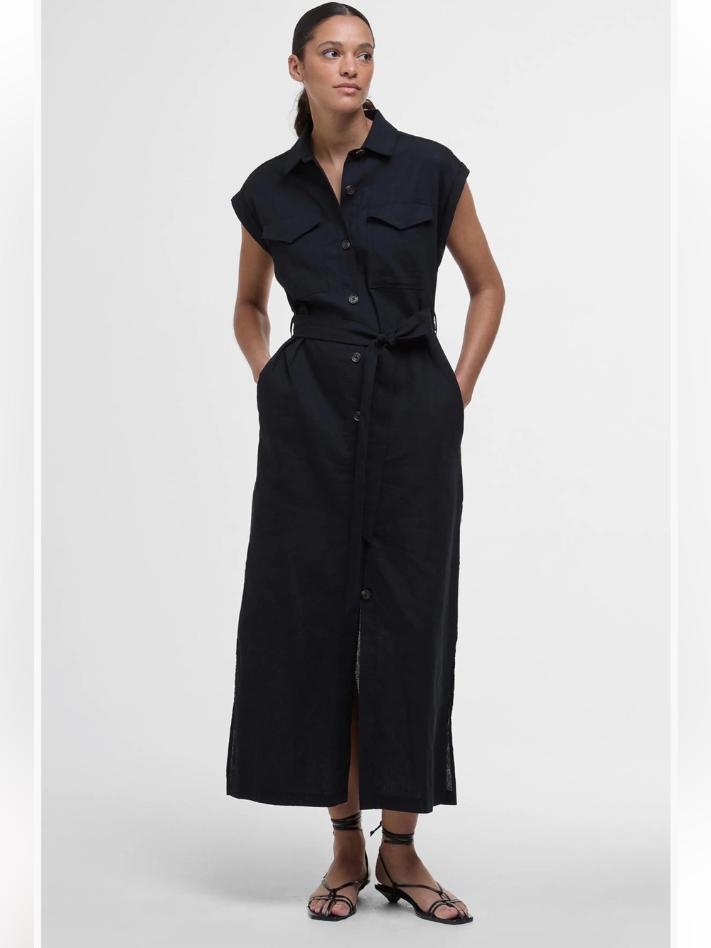 Barbour Black Cap Sleeve Linen Button Up Maxi Dress size 4